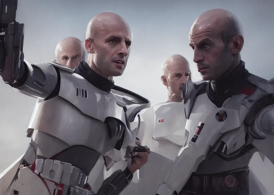Image similar to painting portrait of Emmanuel Macron dressed as Arcann and as Thexan in Star Wars, sharp focus, waist up, trending on ArtStation, masterpiece, by Greg Rutkowski, by Ross Tran, by Fenghua Zhong, octane, clear eyes, soft render, clear facial features, oil on canvas, moody lighting, cinematic, professional environment concept art