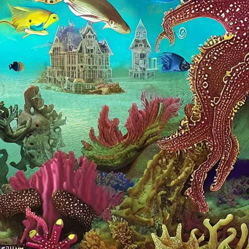 Image similar to a majestic view of a sprawling victorian castle submerged 1 0, 0 0 0 feet under the sea surrounded by octopii, starfish, seahorses, tropical fish