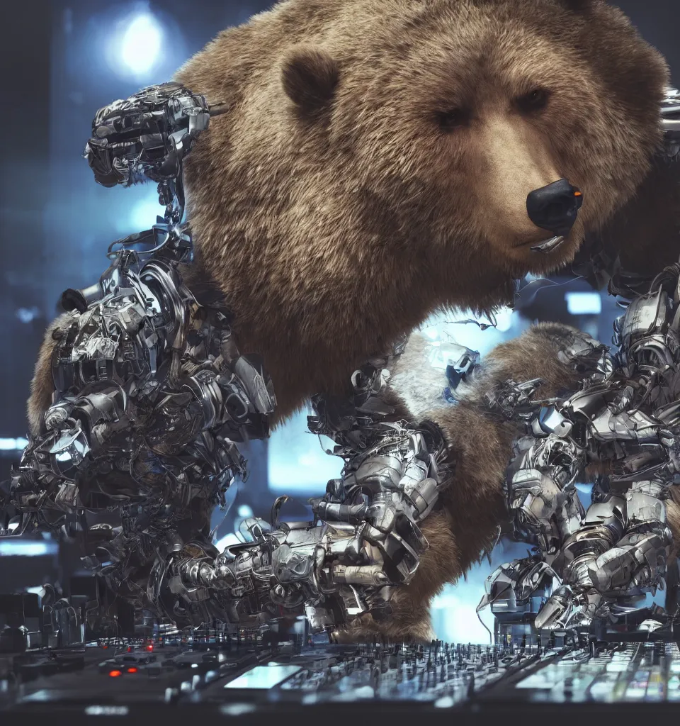 Image similar to an anthropomorphic cyborg grizzly bear dj mixing records on stage, photorealistic, highly detailed, illustration, lifelike, highly detailed, intricate, octane render, sharp focus, cyberpunk,