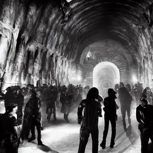 Image similar to crowded nightclub in the mines of moria, huge stone pillars, lights, goths and cyberpunks