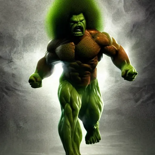 Prompt: photomanipulation of BOB ROSS as hulk, marvel, fully detailed, volumetric lightening, octane render