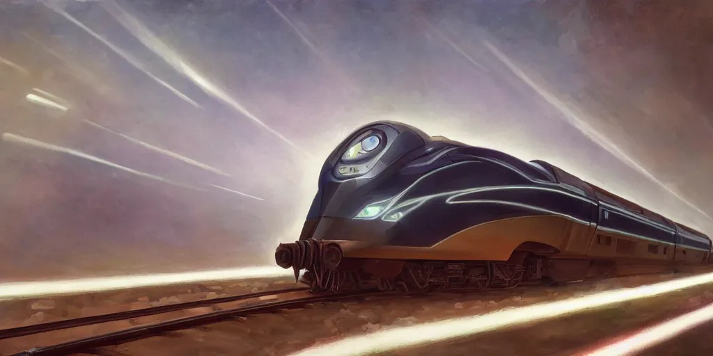 Image similar to highly detailed painting of powerful futuristic streamline train speeding. romanticism. extreme speed with headlight shining brightly into the fog. dramatic lighting. motion streaks.. vanishing point.