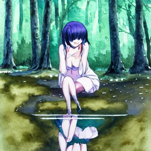 Image similar to a anime girl looking into her own reflection in a puddle of water, she is in a raining forest, watercolor painting