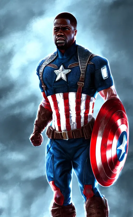 Image similar to kevin hart as captain america, dynamic lighting, photorealistic fantasy concept art, trending on art station, stunning visuals, creative, cinematic, ultra detailed