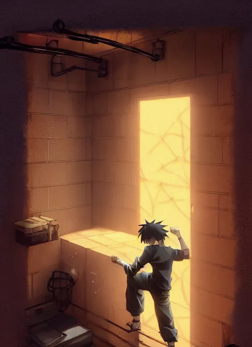 Image similar to highly detailed prison cell with naruto uzumaki with black hair, metal bars in window, powerfully hitting a wall, art by greg rutkowski, loish, rhads, ferdinand knab, makoto shinkai and lois van baarle, ilya kuvshinov, rossdraws, tom bagshaw, global illumination, radiant light, detailed and intricate environment