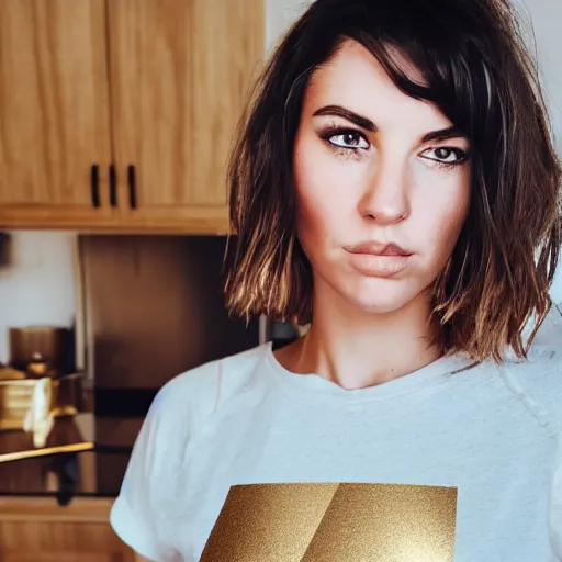 Image similar to a candid photo of a brunette female, young, athletic, australian, hyperrealistic artstation face, wearing a gold tshirt in a kitchen