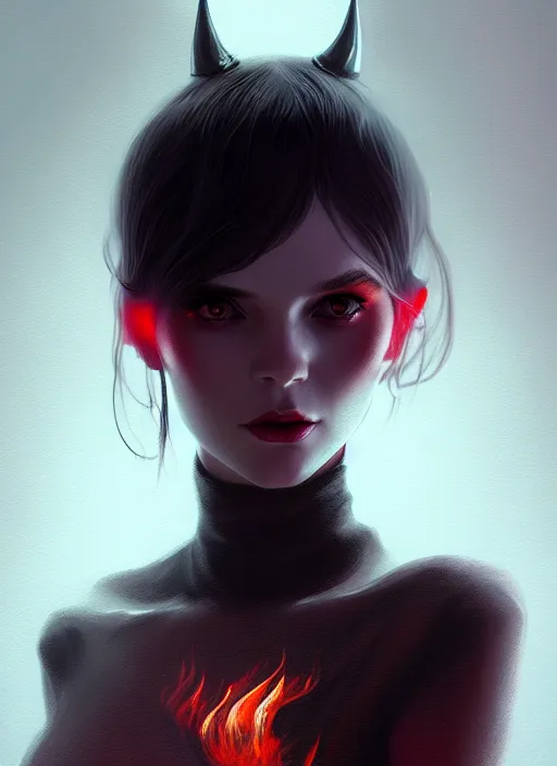 Image similar to satan daughter, outfit, wearing, full body, pyromancer, intricate, elegant, highly detailed, digital painting, artstation, concept art, smooth, sharp focus, clothes, illustration, ethereal, cleary see face, misty, by ilya kuvshinov and jeremy mann, 8 k, octane render