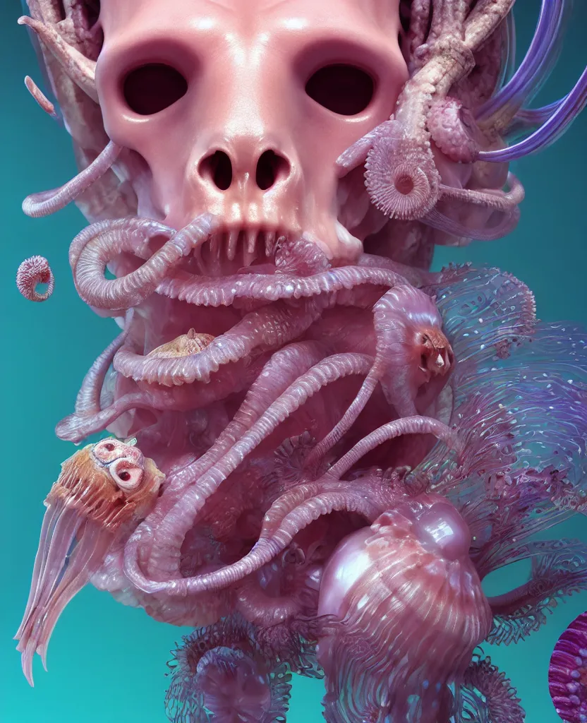 Image similar to goddess princess face close-up portrait ram skull. jellyfish phoenix head, nautilus, orchid, skull, betta fish, bioluminiscent creatures, intricate artwork by Tooth Wu and wlop and beeple. octane render, trending on artstation, greg rutkowski very coherent symmetrical artwork. cinematic, hyper realism, high detail, octane render, 8k