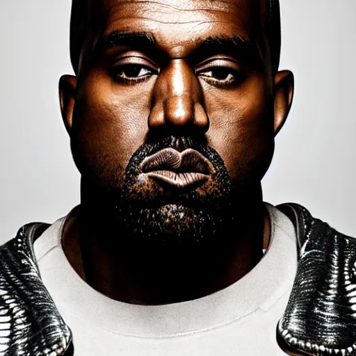 Image similar to professional head shot of kanye west wearing advanced power armor, white background, 8 k, very detailed, very intricate,
