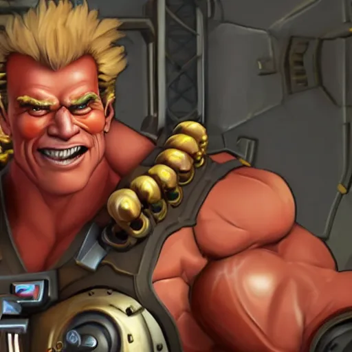 Image similar to a screenshot of arnold schwarzenegger as junkrat in overwatch