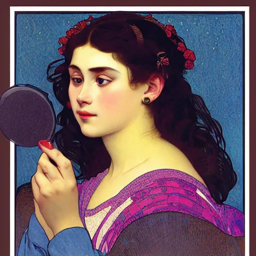 Prompt: vector illustration of a overtanned instagram influenza girl, siliconized lips, doing a make up tutorial, artstation, smooth, sharp focus, art by gustav klimt - alphonse mucha - adolphe bouguereau