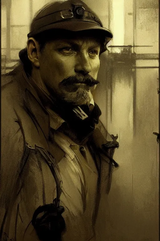 Image similar to portrait sketch of a train engineer by jeremy mann and alphonse mucha, fantasy art, realistic drawing, dynamic lighting, artstation, poster, volumetric lighting, very detailed faces, 4 k, award winning