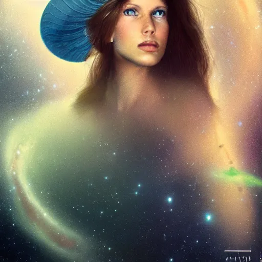 Prompt: a portrait of a beautiful woman exploring a space ship by bruce weber, long hair, aged 2 5, swedish, wearing a travel hat, photo realistic, real life, photograph, 3 5 mm, octane render, trending on artstation