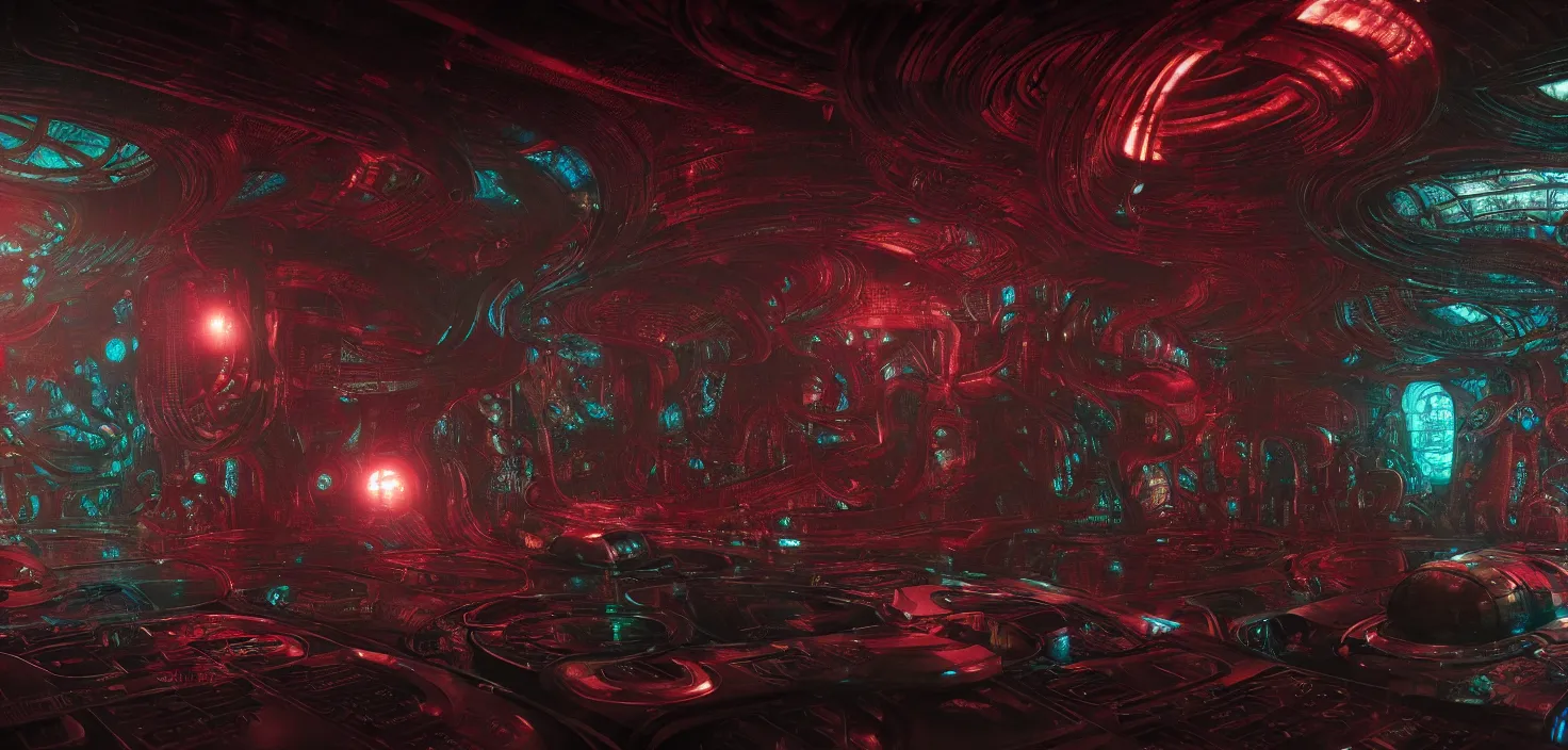 Image similar to Prometheus biological sci-fi environment set close-up hologram, ship control panel close-up, in a nightmarish universe of odd forms and somber tapestry, HR Giger and Vincent Di Fate, vivid color scheme, featured in artstation, octane render, cinematic, elegant, intricate, 8k