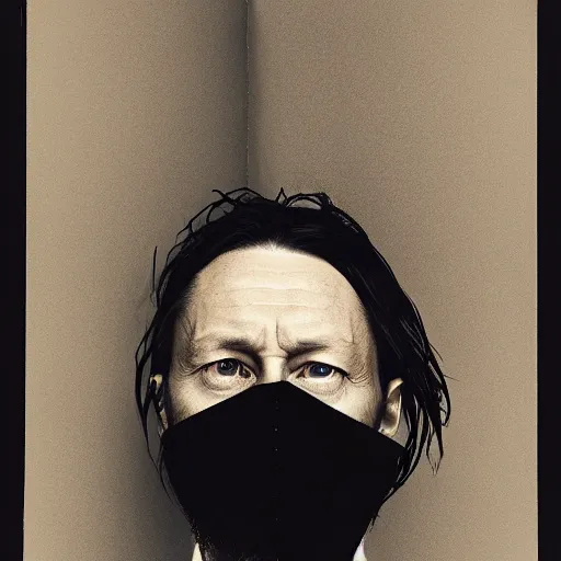 Image similar to Thom Yorke, with a beard and a black shirt, a computer rendering by Martin Schoeller, cgsociety, de stijl, tintype photograph, studio portrait, calotype