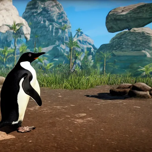 Prompt: penguin running around in ark survival evolved