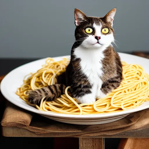 Prompt: professional photography of a cat sitting on a plate of spaghetti