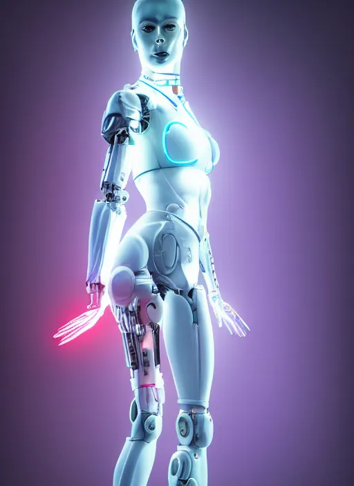 Image similar to photorealistic detailed full body picture of a female cyborg, pretty face with arm and legs, neon lights, white suit, humanoid, extreme, uhdr, book called the most influental cyborg in 2 0 5 0, fine details, highly detailed, intricate, smooth sharp focus