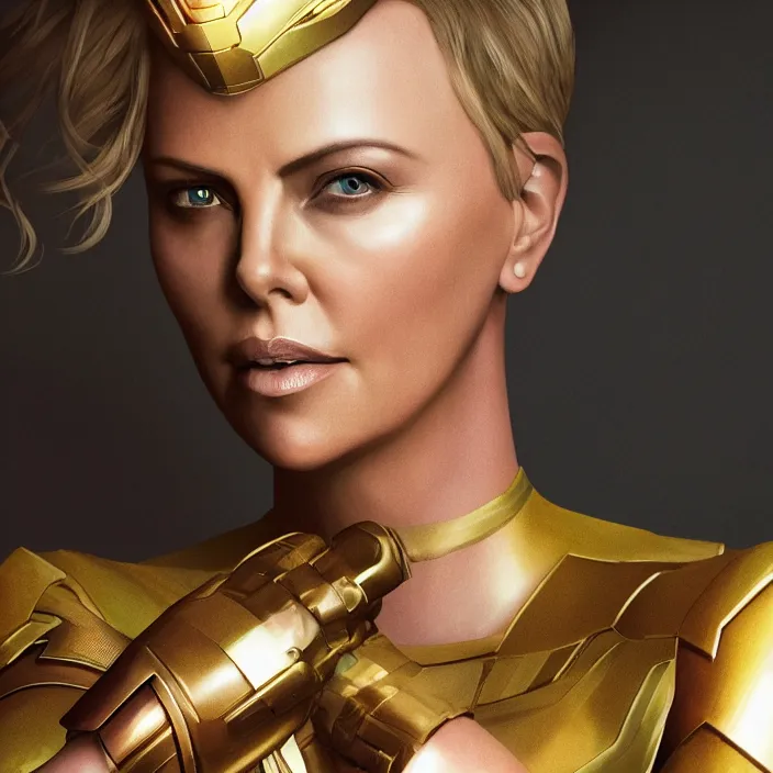 Prompt: portrait of ((Charlize Theron)), wearing The Infinity GAUNTLET. infinity gauntlet. intricate artwork. octane render, trending on artstation, very coherent symmetrical artwork. avengers. thanos. infinity war. cinematic, hyper realism, high detail, octane render, 8k, iridescent accents