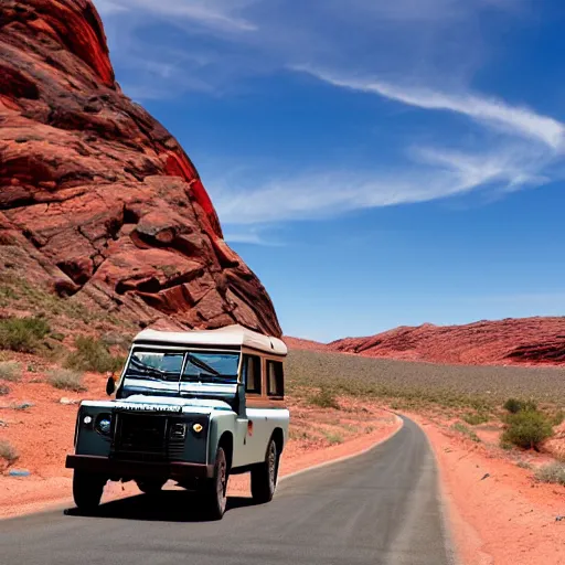 Image similar to a vintage land rover defender drives along a 2 lane road in the valley of fire