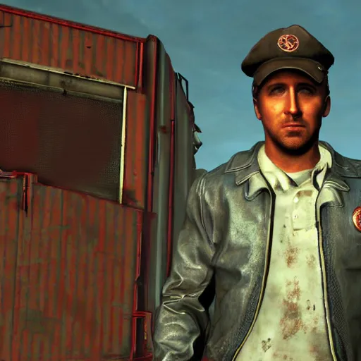 Prompt: ryan gosling in fallout 4 sneaks