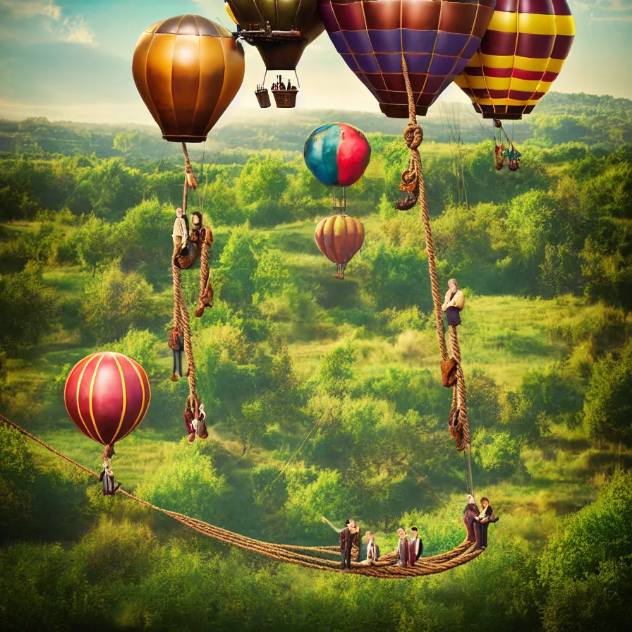 Image similar to large colorful steampunk balloons with people on rope swings underneath, flying high over the beautiful countryside landscape, professional photography, 8 0 mm telephoto lens, realistic, detailed, digital art, unreal engine