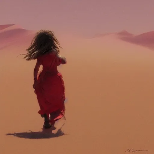 Image similar to a little girl with a red dress walking on the desert geog darrow greg rutkowski