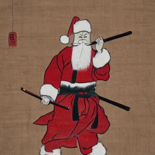 Image similar to santa as a samurai. traditional japanese art.