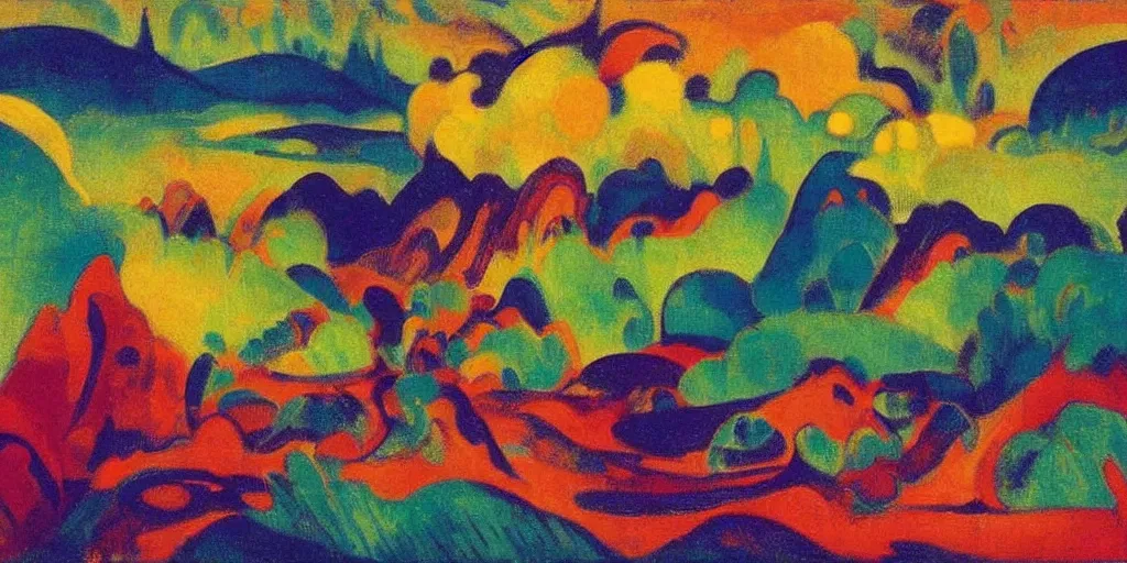 Image similar to An insane, modernist landscape painting. Wild energy patterns rippling in all directions. Curves, organic, zig-zags. Mountains, clouds. Rushing water. Waves. Psychedelic dream world. Odilon Redon. Ernst Kirchner.