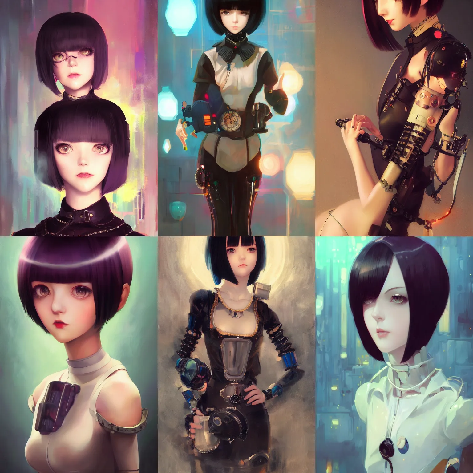 Prompt: a portrait of a cute young artificial clockwork woman with black bob cut hair, steampunk setting, vivid colors, soft lighting, atmospheric, cinematic, moody, in the style of Ilya Kuvshinov and Range Murata, Krenz Cushart, oil on canvas, 8k
