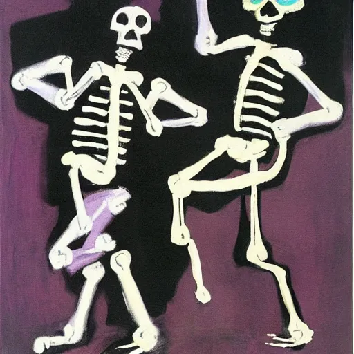 Prompt: dancing skeletons inspired by matisse dancers, painted by francis bacon,