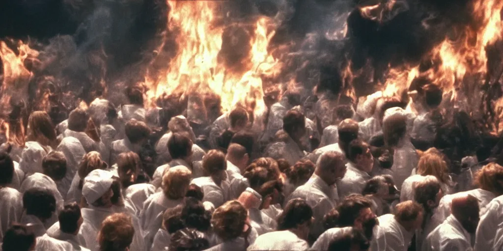 Image similar to filmic closeup dutch angle movie still 4k UHD 35mm film color photograph of a crowd of doctors burning alive inside of a science lab , in the style of a 1980s horror film