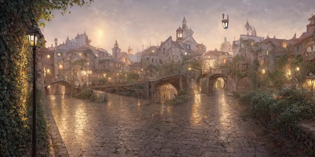 Prompt: empty medieval port town town square large bridge covered in vines with nightlamps steadily lighting your way pokemon sword and sheild, bright future, social realism, highly detailed, digital painting, artstation, concept art, matte, sharp focus, illustration, art by artgerm and greg rutkowski and alphonse mucha