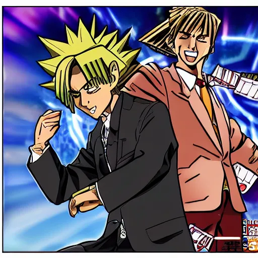 Image similar to Saul Goodman duels Yugi Moto, Yu-Gi-Oh, anime, highly detailed