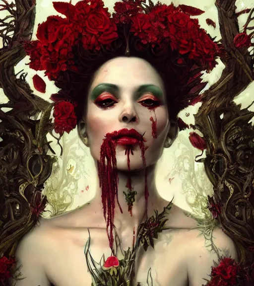 Prompt: portrait of the supreme queen of the blood cult, surrounded by skulls and overgrowth and dark flowers by karol bak, James Jean, tom bagshaw, rococo, trending on artstation, cinematic lighting, hyper realism, octane render, 8k, hyper detailed.