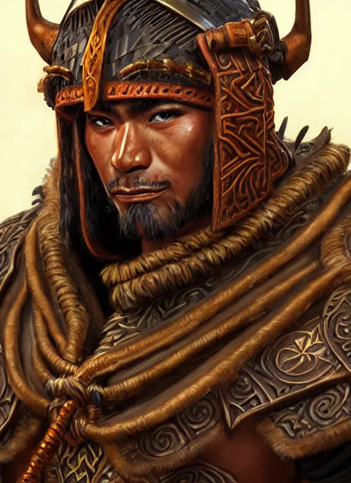 Prompt: tai warlord, closeup portrait, historical, ethnic group, traditional tai costume, bronze headset, leather shoulder armor, fantasy, intricate, with leather armor cross onbare chest, elegant, loin cloth, highly detailed, oill painting, artstation, concept art, matte, sharp focus, illustration, hearthstone, art by earl norem