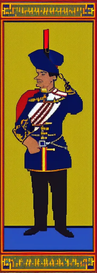 Image similar to portrait of imperator wearing a french hat and ceremonial uniform in a haughty pose, head pointing up diagonally, pixel art, colors accent, symmetric