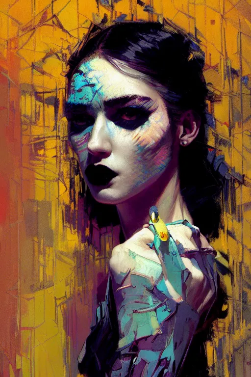 Image similar to portrait of a beautiful goth girl, complementary colors, beautiful face, rule of thirds, intricate outfit, spotlight, by greg rutkowski, by jeremy mann, by francoise nielly, by van gogh, digital painting