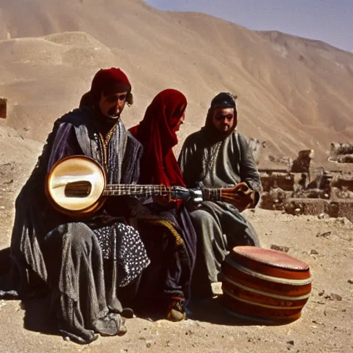 Prompt: berber musicians, smoking hashish and playing string instruments in a dusty, sunny environment, a frame from an early star wars movie