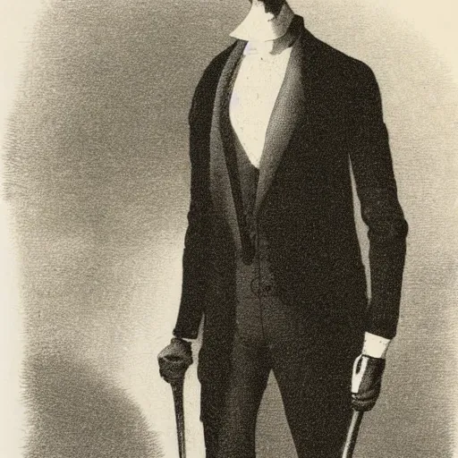 Prompt: lithograph of slenderman by adolphe millot