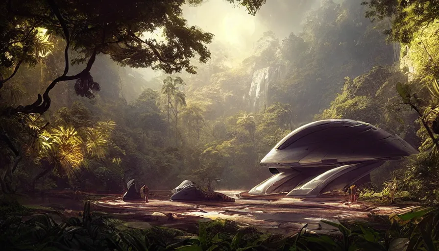 Prompt: a beautiful painting of odysseus spaceship in a lush jungle, ray traced lighting by kalin popov and greg rutkowski