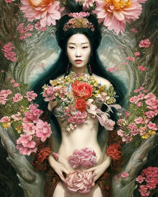 Image similar to portrait of the chinese queen of the underworld, surrounded by flowers by karol bak, james jean, tom bagshaw, rococo, sharp focus, trending on artstation, cinematic lighting, hyper realism, octane render, 8 k, hyper detailed.