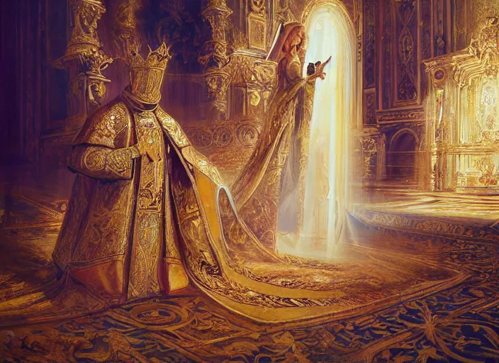 Image similar to kneeling before the pope, royal robe, gold trim, light effect, hyper detailed, intricate, atmospheric, elegant, photorealistic by paul lehr, marco mazzoni, featured on cgsociety, rococo, whimsical, artstation