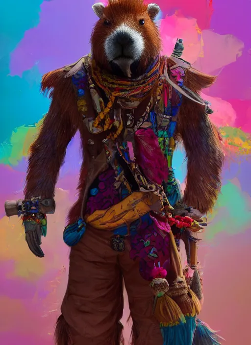 Image similar to detailed full body concept art illustration colorful oil painting of an anthropomorphic capybara pirate in full intricate colorful clothing, ultra detailed, digital art, octane render, 4K, dystopian, biomutant, micro details, hyperrealistic