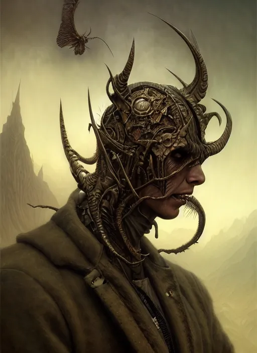 Image similar to closeup portrait shot of a demon hunter in a scenic dystopian environment, intricate, elegant, highly detailed, centered, digital painting, artstation, concept art, smooth, sharp focus, illustration, artgerm, tomasz alen kopera, peter mohrbacher, donato giancola, joseph christian leyendecker, wlop, boris vallejo