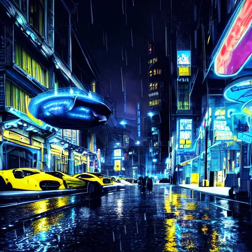 Image similar to highly detailed photorealistic batman in rain, cyberpunk city street, blue and yellow neon lights, highly detailed reflection, studio quality 8k ultra high definition render, trending on ArtStation, concept