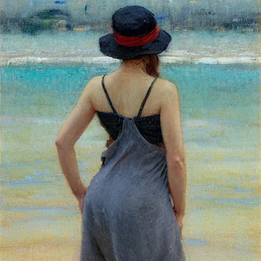 Prompt: woman with baseball cap, back view, summer dress, by paul chabas