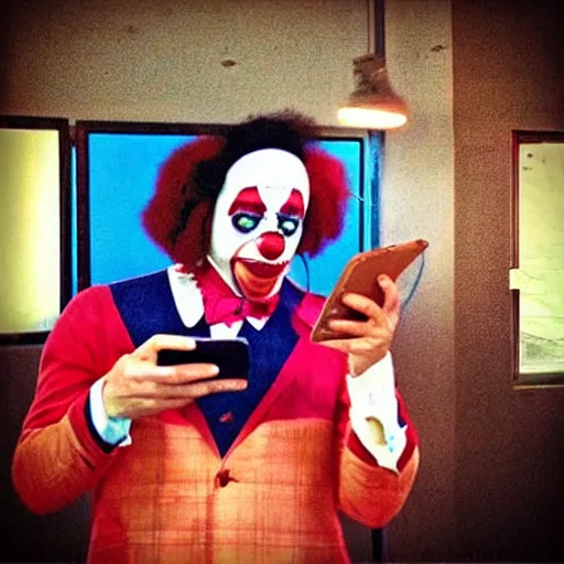 Image similar to “a clown mad and texting on his phone”