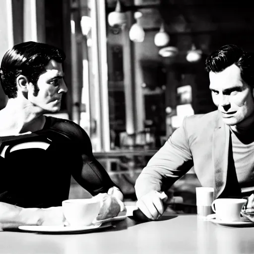 Prompt: Superman and Batman drinking coffee at a cafe, movie still, cinematic, professional photography, 28mm