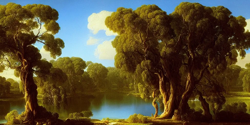 Image similar to landscape painting of a old blue gum tree next to a meandering river by alexei savrasov and thomas cole, artstation